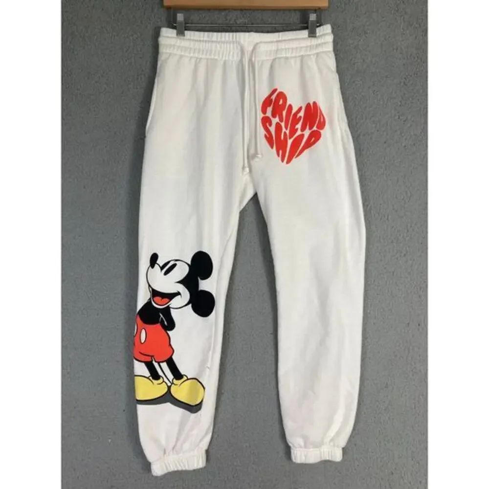Disney Mickey Mouse Joggers Women M White Fleece Sweatpants Graphic Lounge